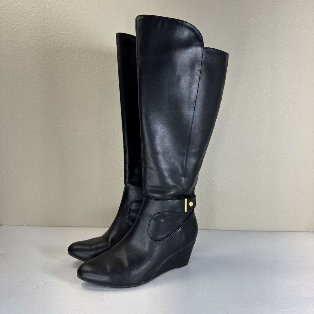 Ann Klein Knee High‎ Black Faux Leather Riding Boots 6.5